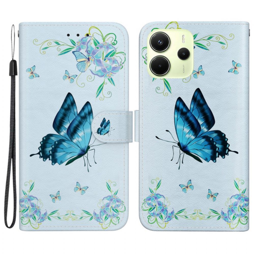Leren Hoesje Voor Xiaomi Redmi Note 14 4g Blauwe Vlinder En Bloemen