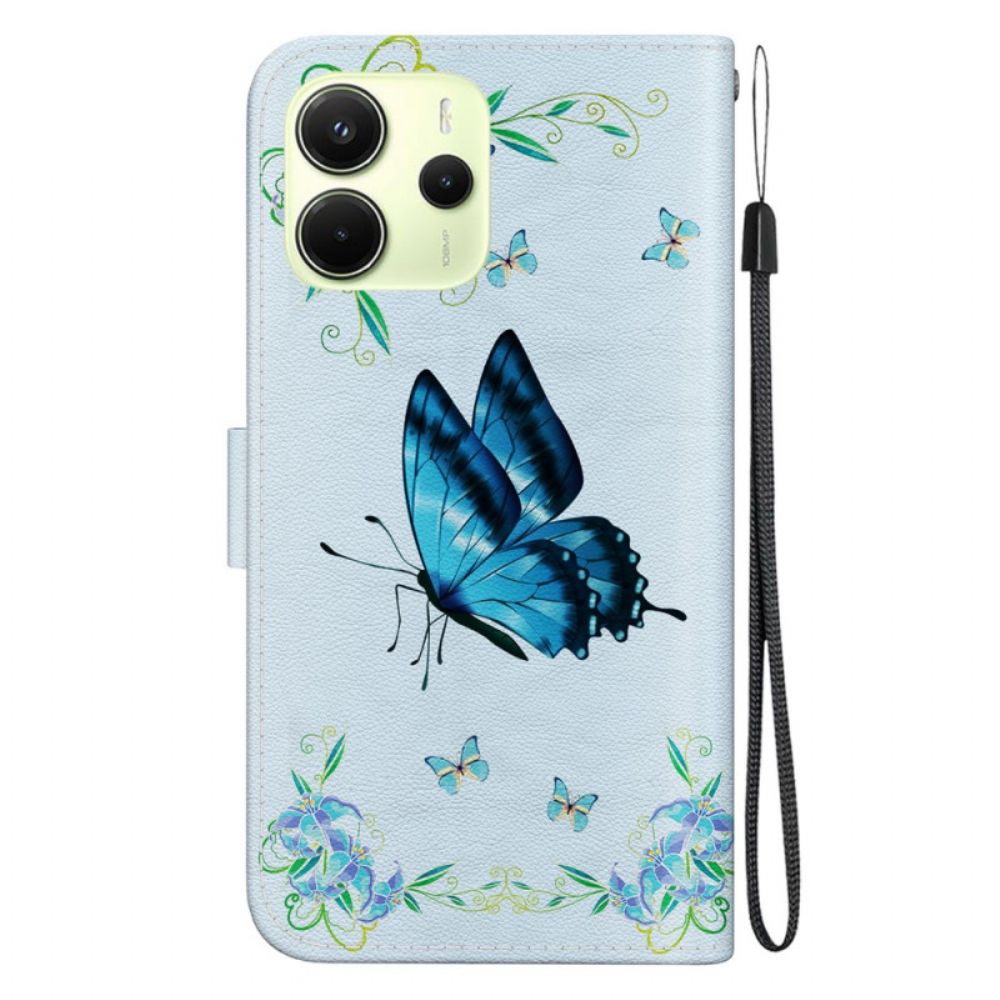 Leren Hoesje Voor Xiaomi Redmi Note 14 4g Blauwe Vlinder En Bloemen