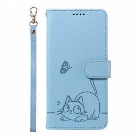Leren Hoesje Voor Xiaomi Redmi Note 14 4g Leuke Kat Met Bandje