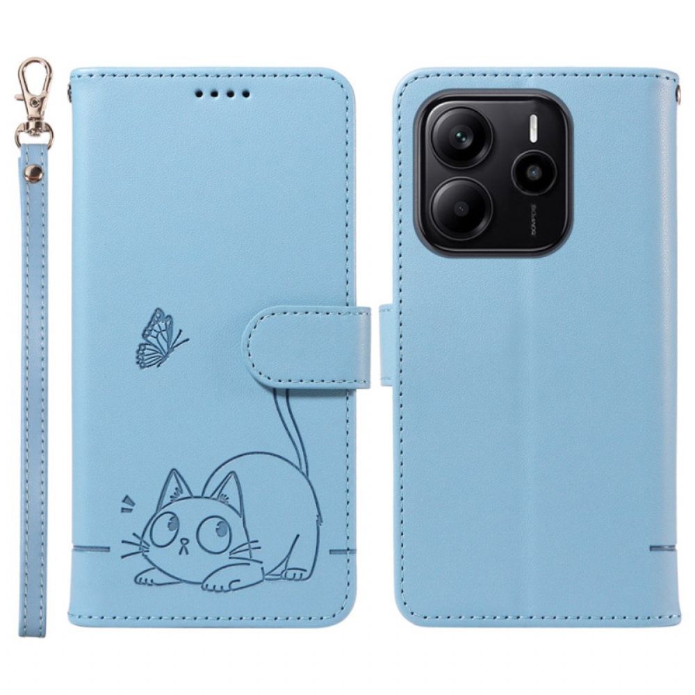 Leren Hoesje Voor Xiaomi Redmi Note 14 4g Leuke Kat Met Bandje