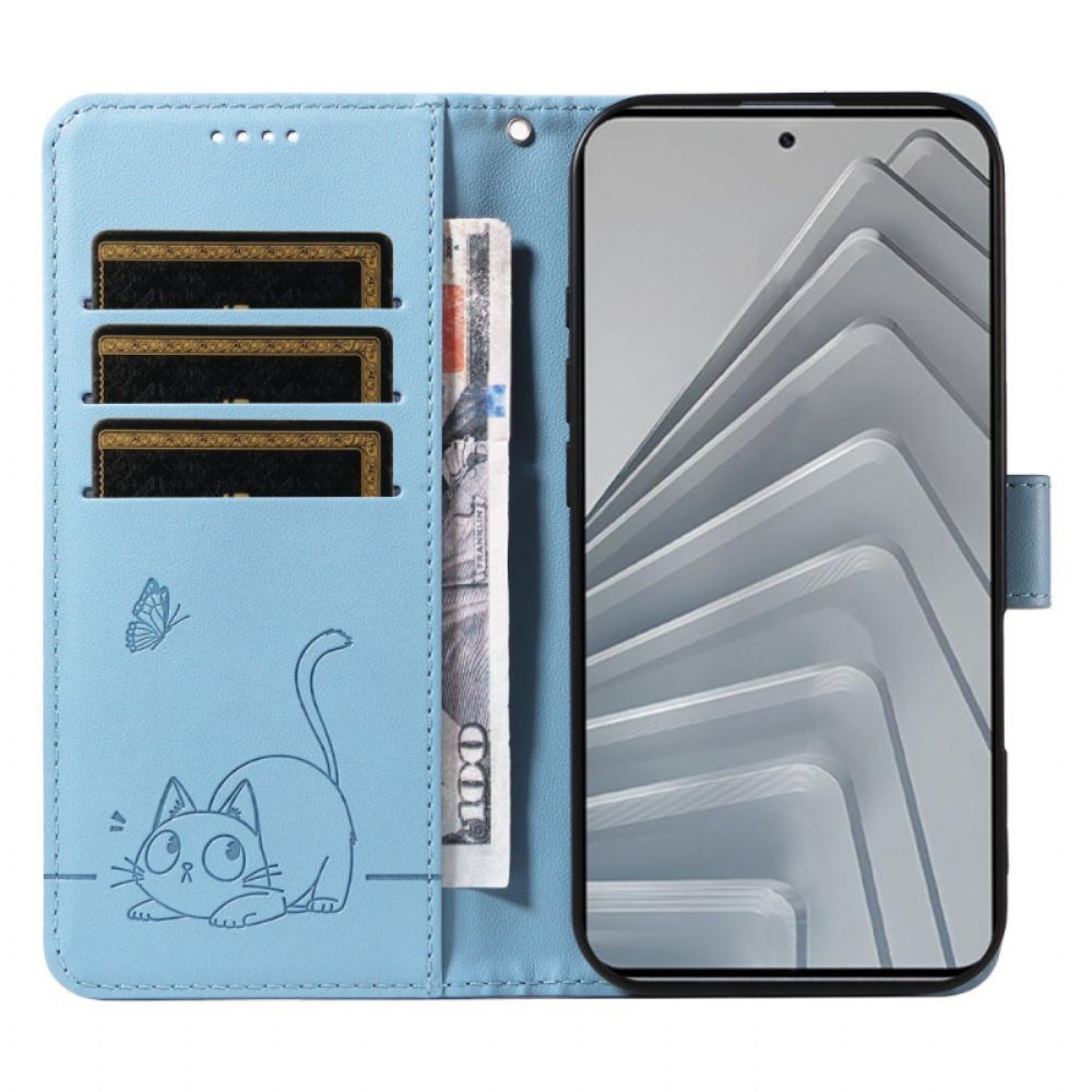 Leren Hoesje Voor Xiaomi Redmi Note 14 4g Leuke Kat Met Bandje