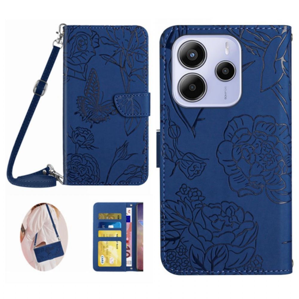 Leren Hoesje Voor Xiaomi Redmi Note 14 4g Schouderband Met Vlinderprint