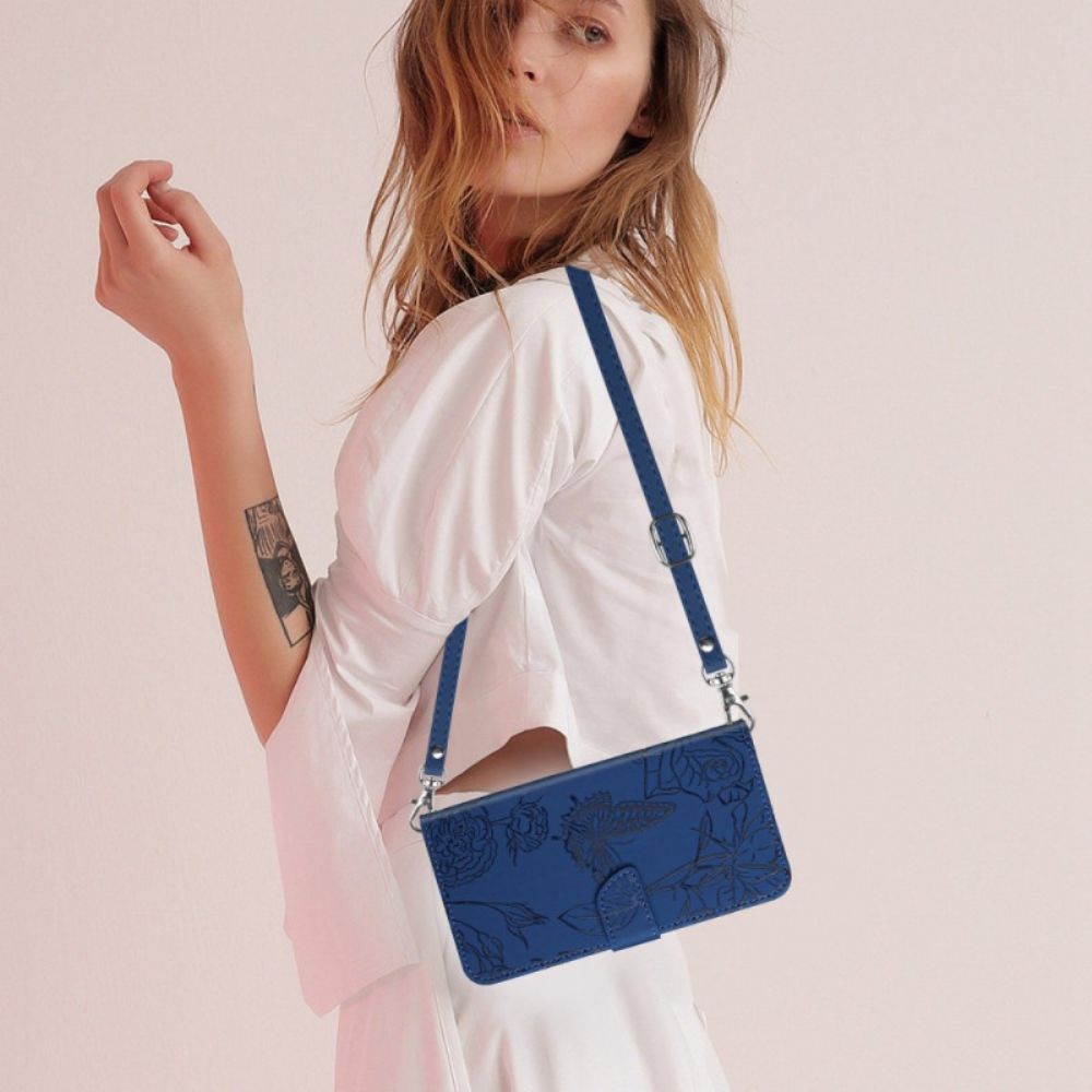 Leren Hoesje Voor Xiaomi Redmi Note 14 4g Schouderband Met Vlinderprint