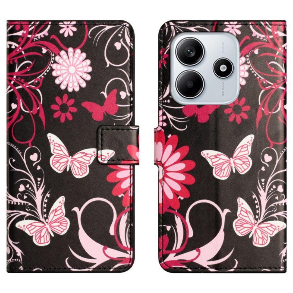 Leren Hoesje Voor Xiaomi Redmi Note 14 4g Vlinders Op Een Zwarte Achtergrond