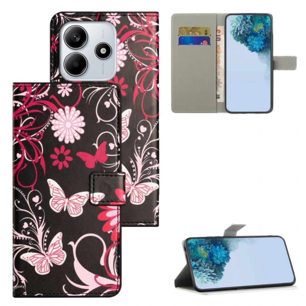 Leren Hoesje Voor Xiaomi Redmi Note 14 4g Vlinders Op Een Zwarte Achtergrond