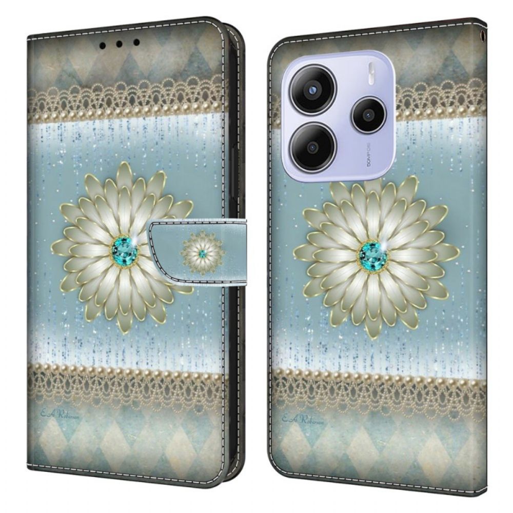 Leren Hoesje Xiaomi Redmi Note 14 4g Bloem En Blauwe Diamant Bescherming Hoesje