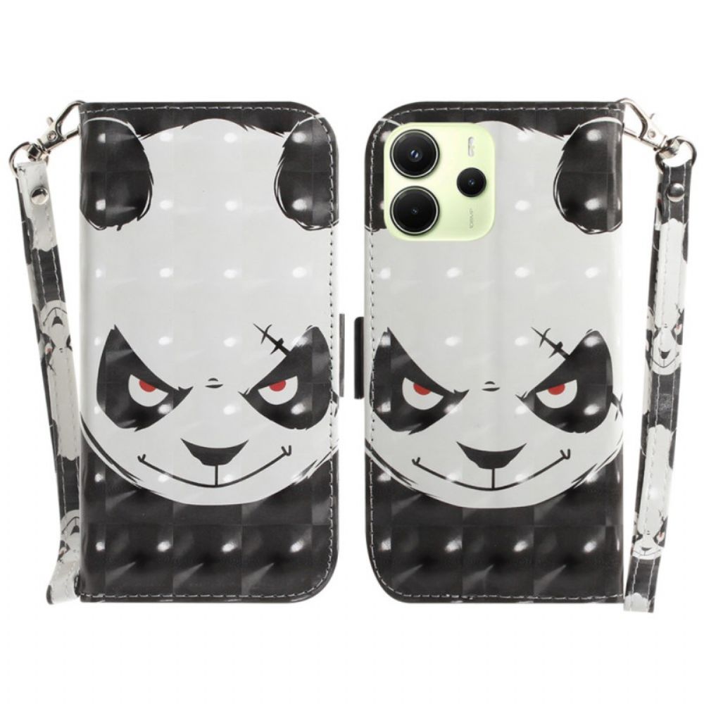 Leren Hoesje Xiaomi Redmi Note 14 4g Boze Panda Met Riempje Bescherming Hoesje