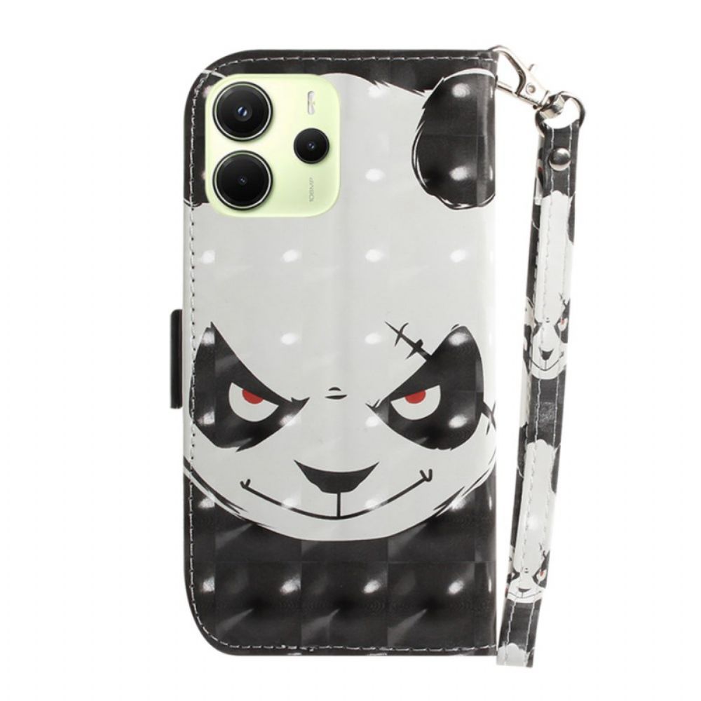 Leren Hoesje Xiaomi Redmi Note 14 4g Boze Panda Met Riempje Bescherming Hoesje