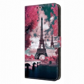 Leren Hoesje Xiaomi Redmi Note 14 4g Eiffeltoren Met Bloemen Bescherming Hoesje