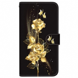 Leren Hoesje Xiaomi Redmi Note 14 4g Gouden En Roze Vlinders Bescherming Hoesje