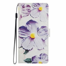 Leren Hoesje Xiaomi Redmi Note 14 4g Paarse En Witte Bloemen