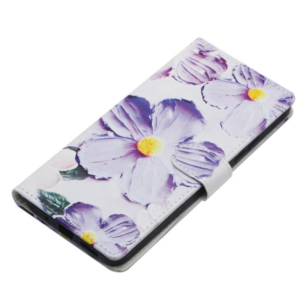 Leren Hoesje Xiaomi Redmi Note 14 4g Paarse En Witte Bloemen