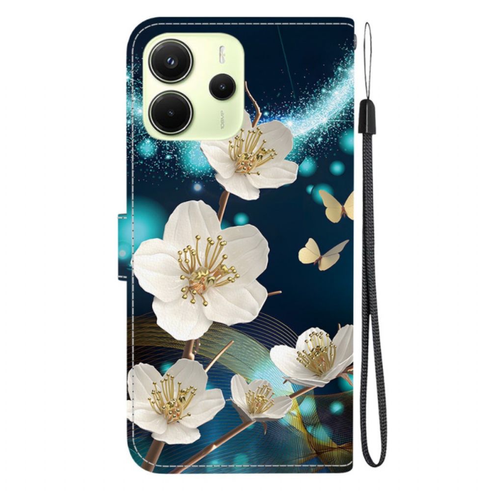 Leren Hoesje Xiaomi Redmi Note 14 4g Witte Magnolia's Bescherming Hoesje