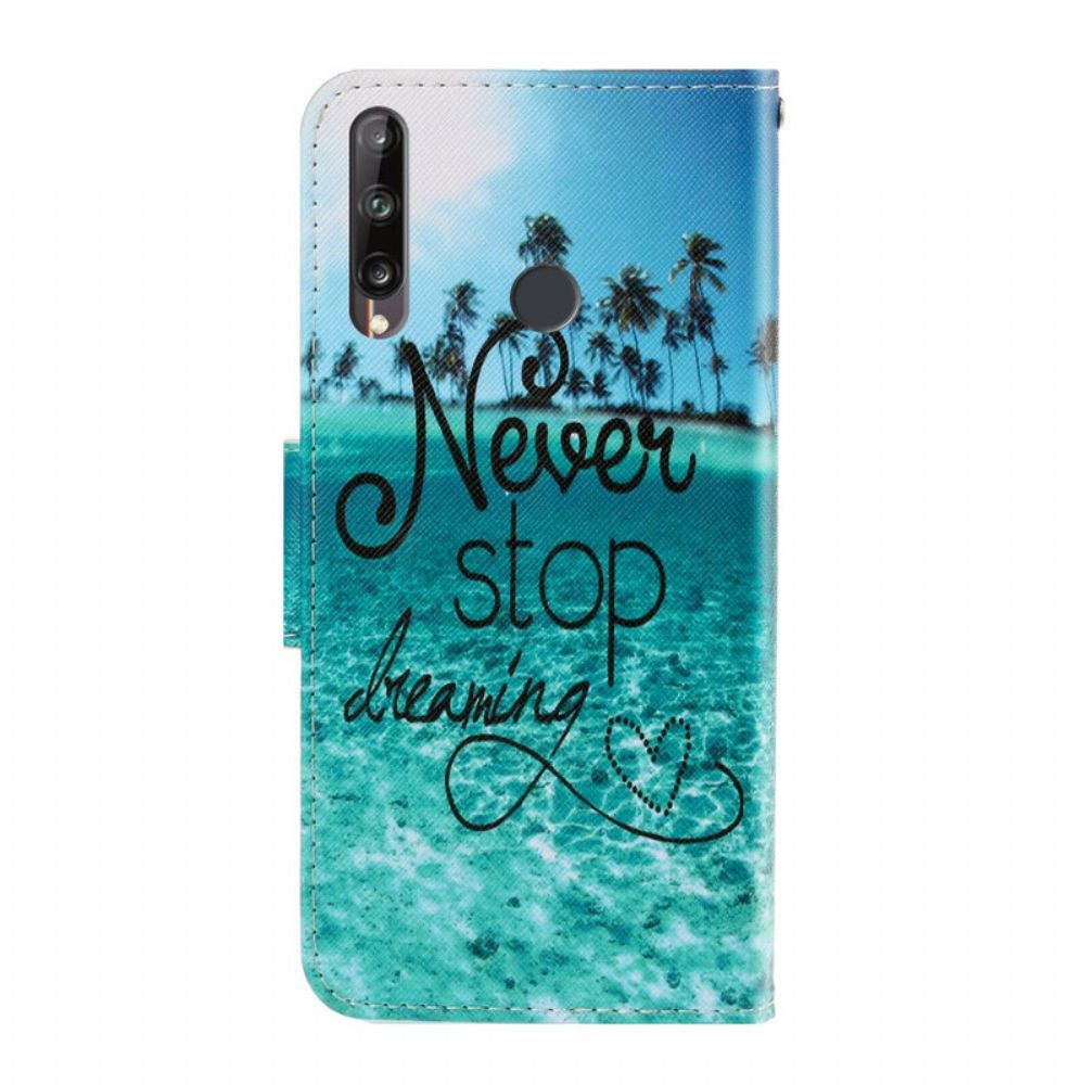 Leren Hoesje voor Huawei P40 Lite E / Huawei Y7p Met Ketting Nooit Stoppen Met Dromen Marineblauwe Strappy