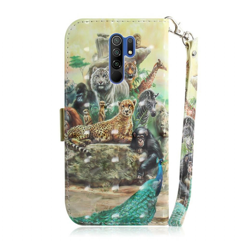 Leren Hoesje voor Xiaomi Redmi 9 Met Ketting Thong Safari Dieren