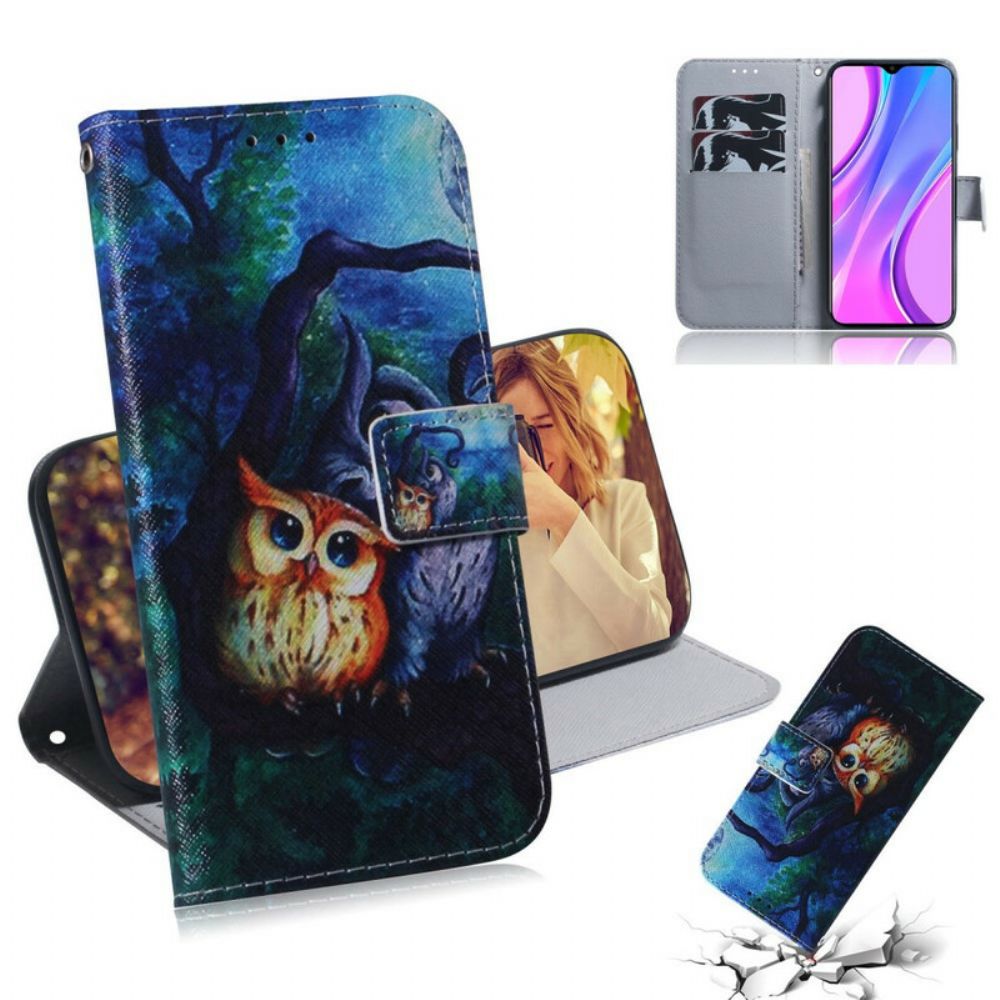 Leren Hoesje voor Xiaomi Redmi 9 Uilen Schilderen