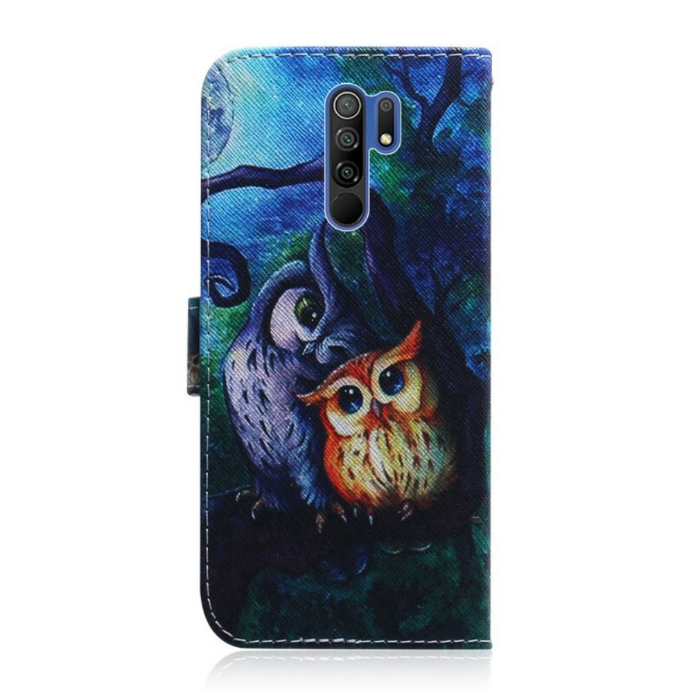 Leren Hoesje voor Xiaomi Redmi 9 Uilen Schilderen