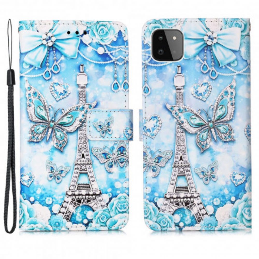 Folio-hoesje voor Samsung Galaxy A22 5G Met Ketting Eiffeltoren Vlinders Met Riem