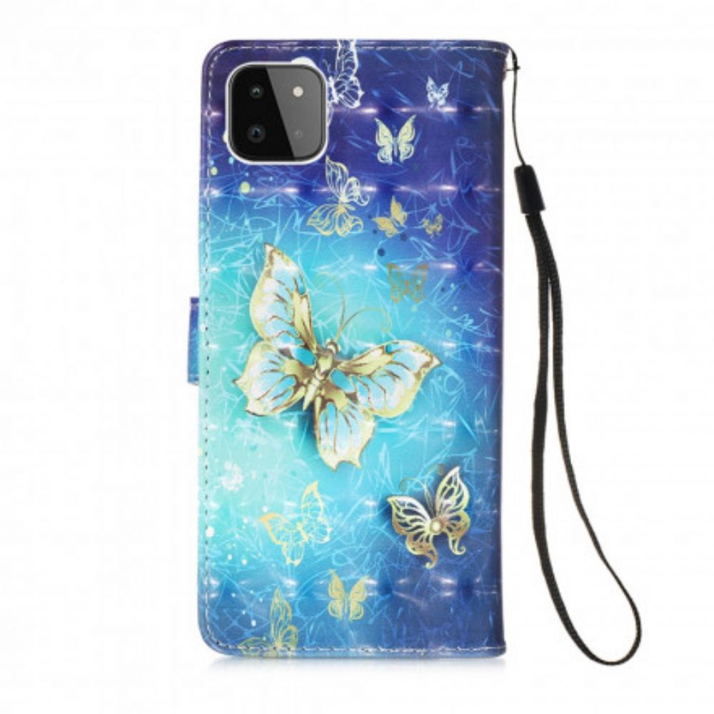 Folio-hoesje voor Samsung Galaxy A22 5G Met Ketting Gouden Band Vlinders