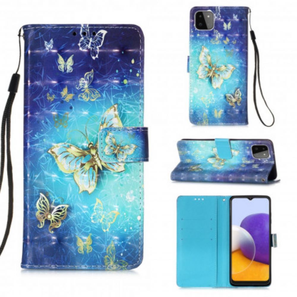 Folio-hoesje voor Samsung Galaxy A22 5G Met Ketting Gouden Band Vlinders