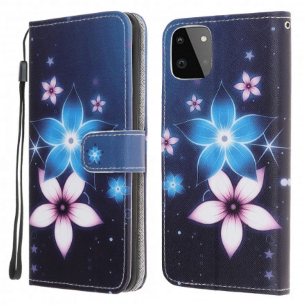 Folio-hoesje voor Samsung Galaxy A22 5G Met Ketting Maanbloemband