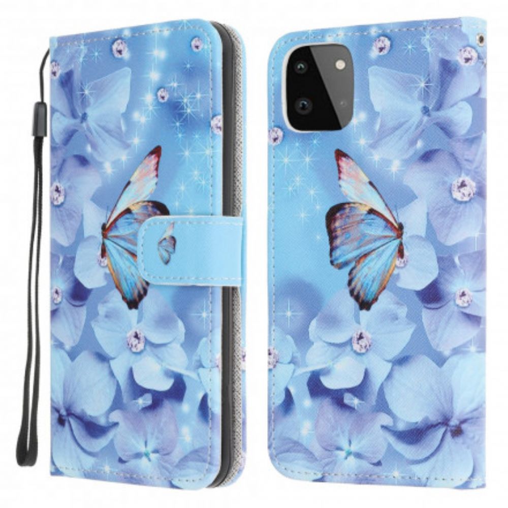 Folio-hoesje voor Samsung Galaxy A22 5G Met Ketting Vlinders Met Diamanten Band