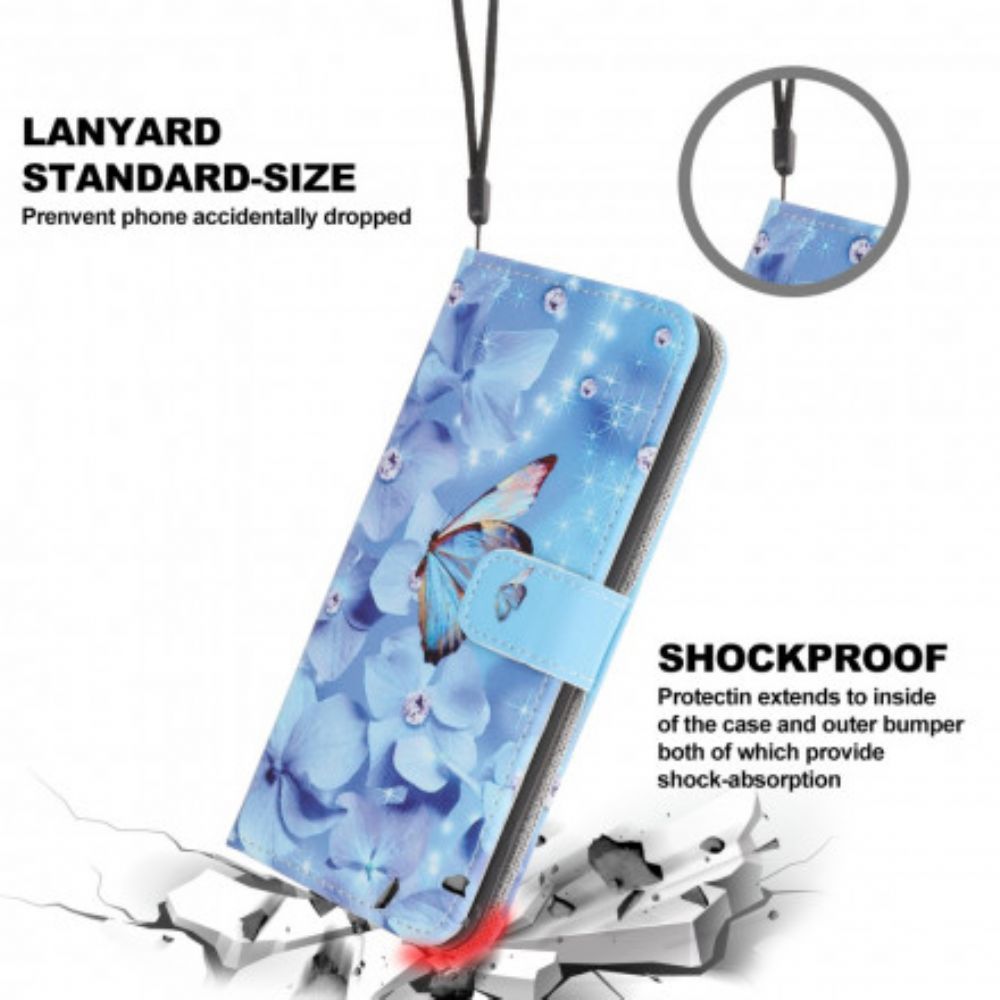 Folio-hoesje voor Samsung Galaxy A22 5G Met Ketting Vlinders Met Diamanten Band