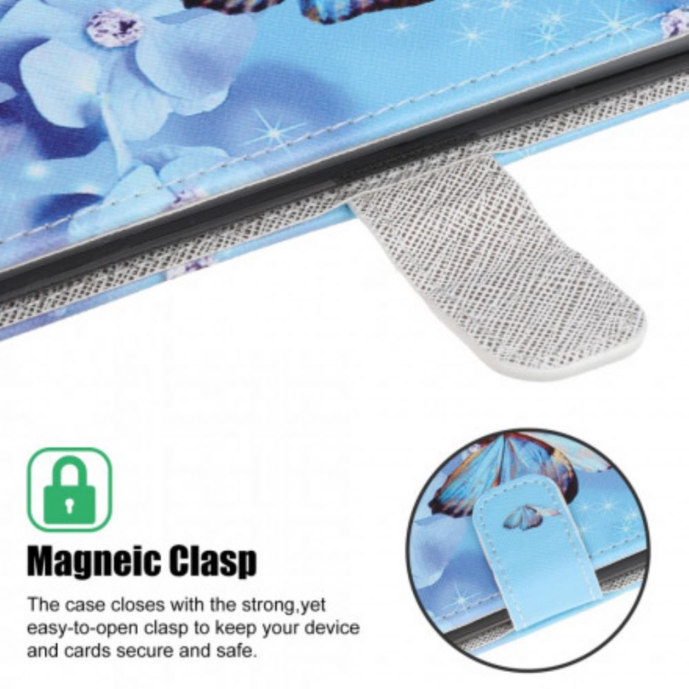 Folio-hoesje voor Samsung Galaxy A22 5G Met Ketting Vlinders Met Diamanten Band