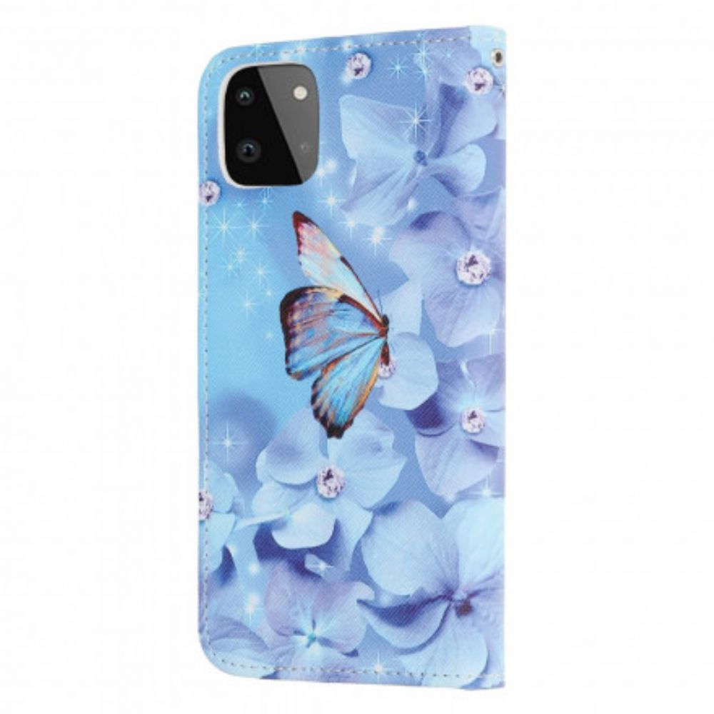 Folio-hoesje voor Samsung Galaxy A22 5G Met Ketting Vlinders Met Diamanten Band