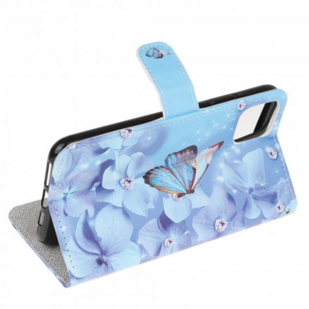 Folio-hoesje voor Samsung Galaxy A22 5G Met Ketting Vlinders Met Diamanten Band