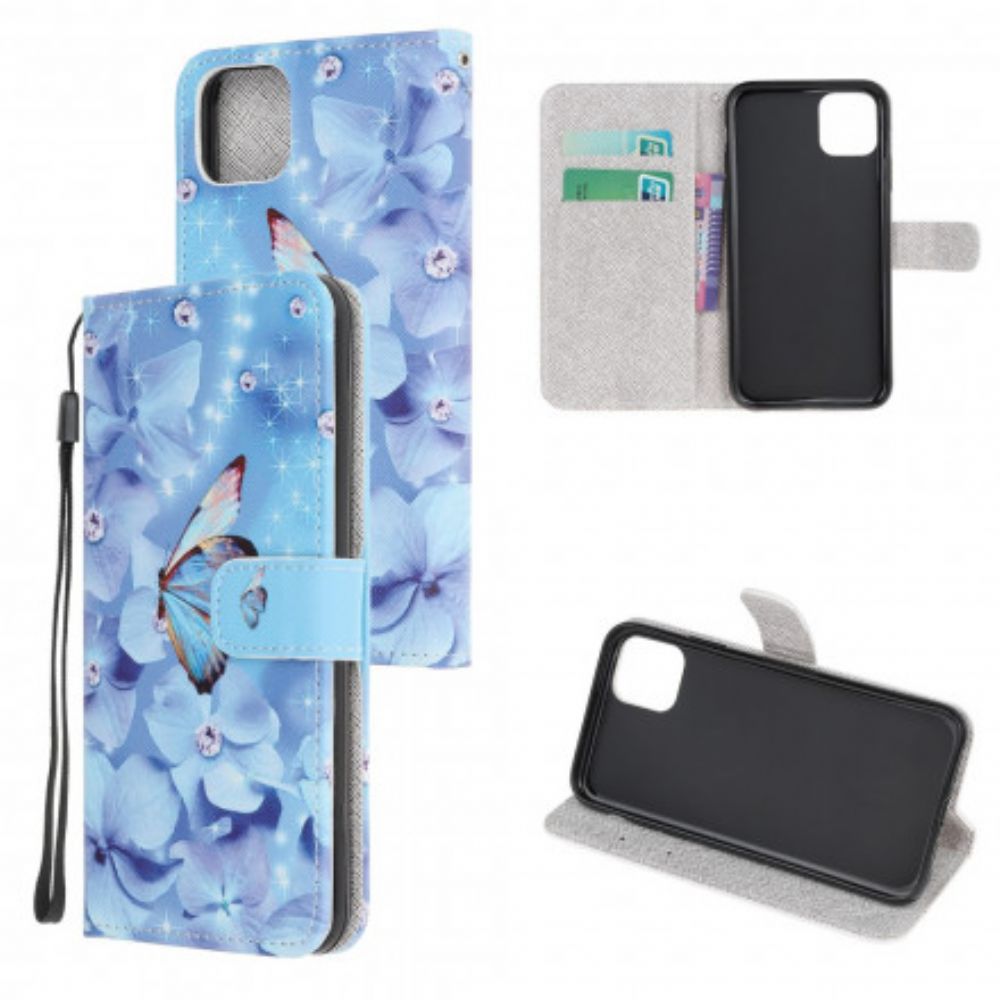 Folio-hoesje voor Samsung Galaxy A22 5G Met Ketting Vlinders Met Diamanten Band