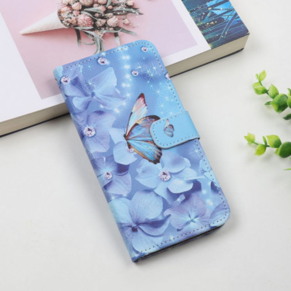Folio-hoesje voor Samsung Galaxy A22 5G Met Ketting Vlinders Met Diamanten Band