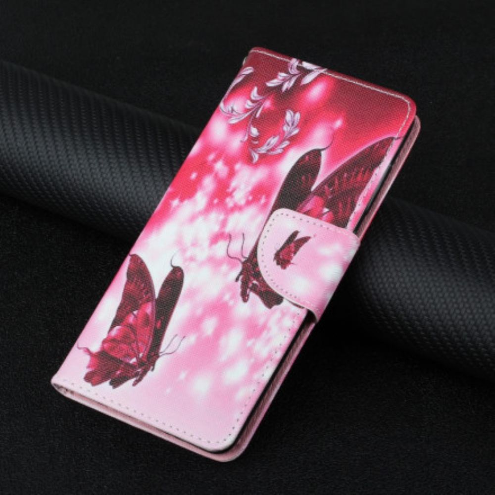 Leren Hoesje voor Samsung Galaxy A22 5G Rode Vliegende Vlinders