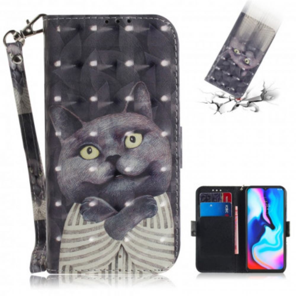 Folio-hoesje voor Moto G9 Play Met Ketting Grijze Kat Met Bandjes