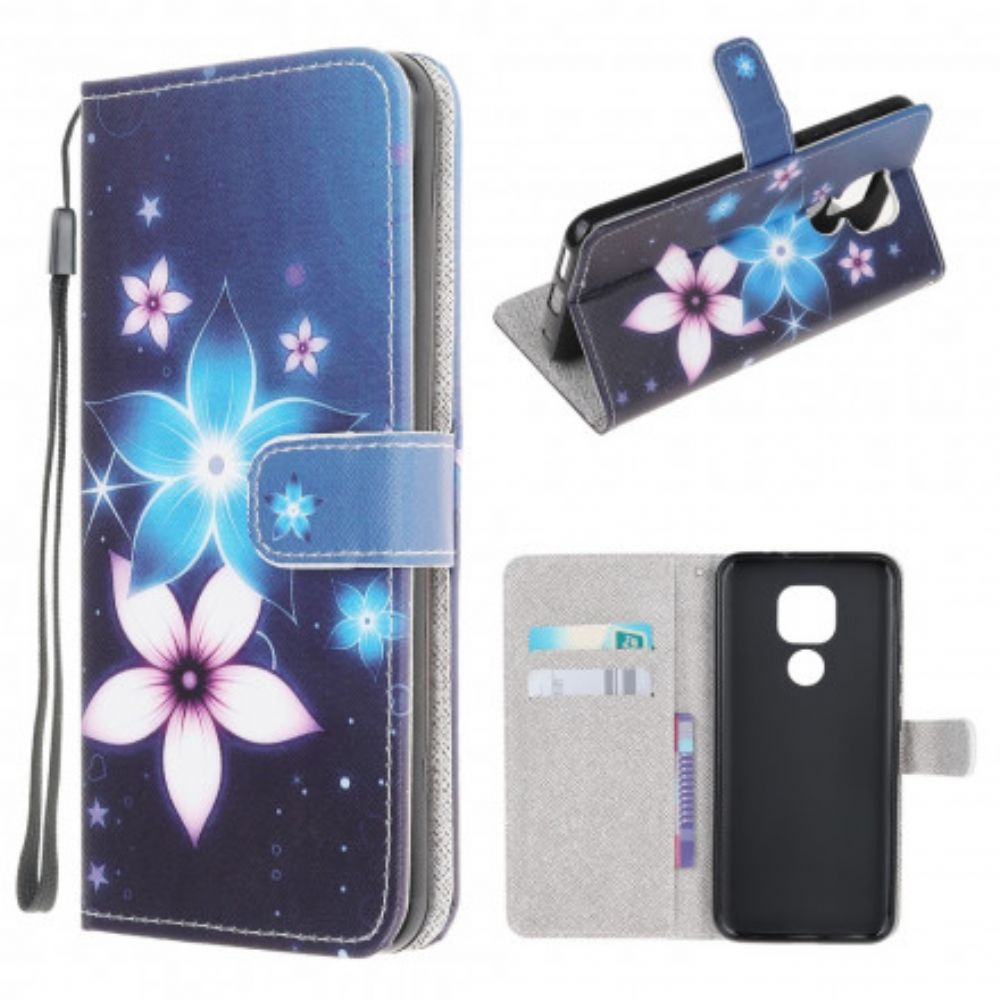 Folio-hoesje voor Moto G9 Play Met Ketting Maanband Bloemen