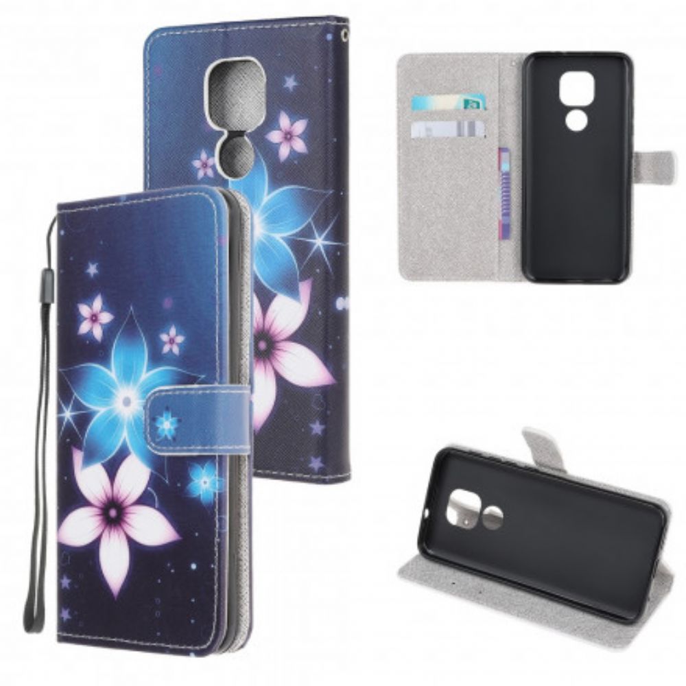 Folio-hoesje voor Moto G9 Play Met Ketting Maanband Bloemen