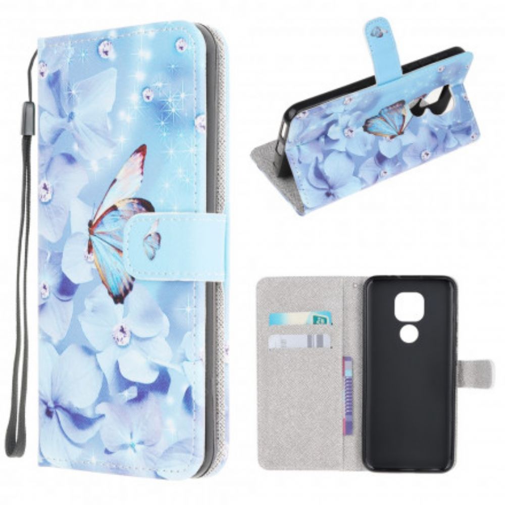 Folio-hoesje voor Moto G9 Play Met Ketting Vlinders Met Diamanten Band