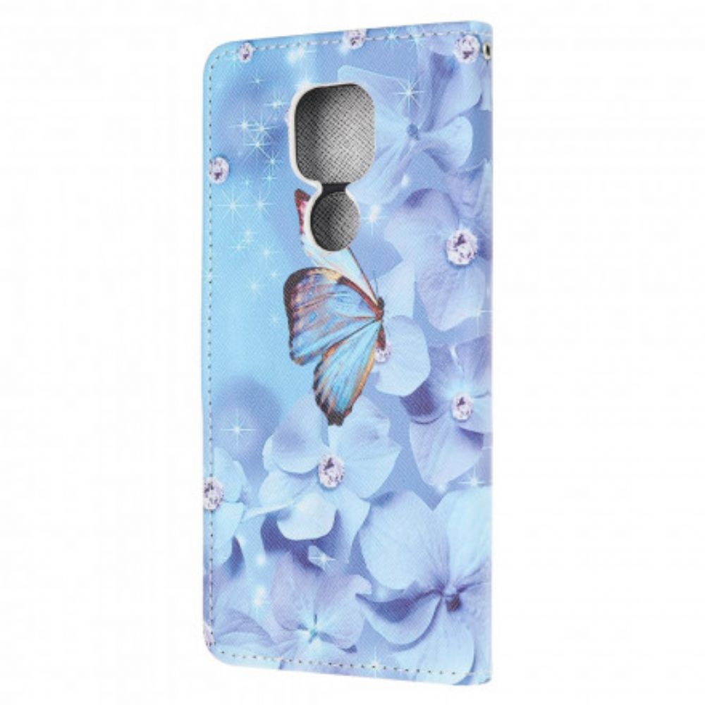 Folio-hoesje voor Moto G9 Play Met Ketting Vlinders Met Diamanten Band