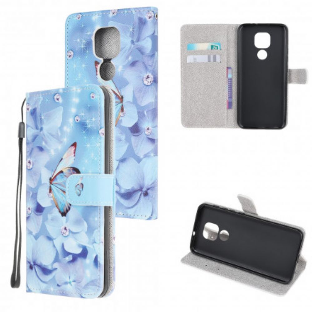 Folio-hoesje voor Moto G9 Play Met Ketting Vlinders Met Diamanten Band