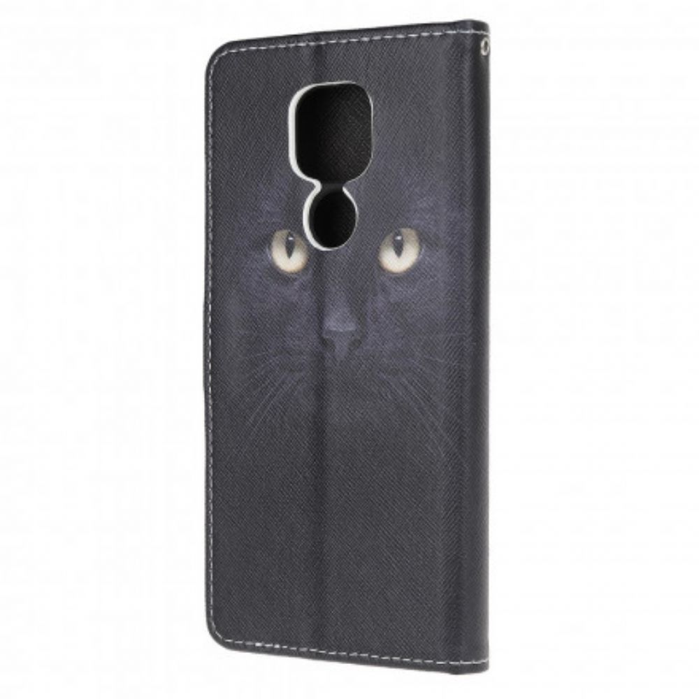 Folio-hoesje voor Moto G9 Play Met Ketting Zwarte Kattenogen Met Riem