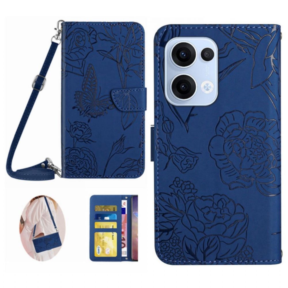 Flip Case Leren Oppo Reno 13 5g Opdruk Vlinder Schouder Tas