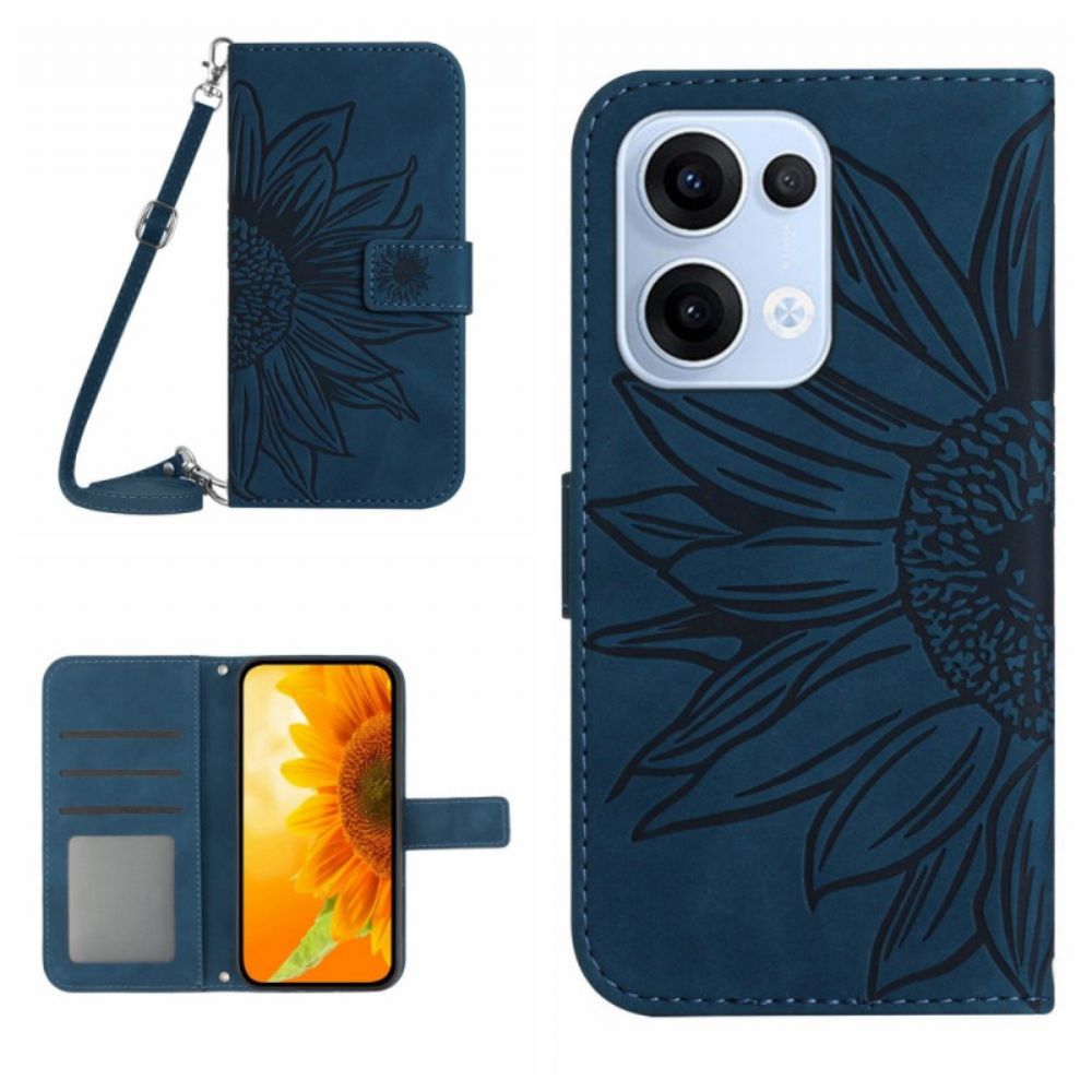 Leren Hoesje Oppo Reno 13 5g Schoudertas Met Zonnebloemprint Bescherming Hoesje