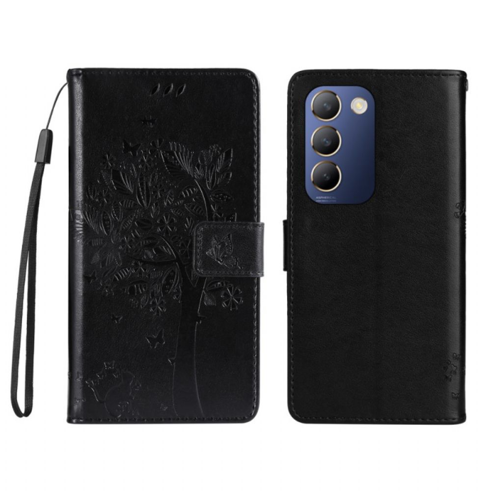 Leren Hoesje Vivo V40 Se 5g Boom En Kat Bescherming Hoesje