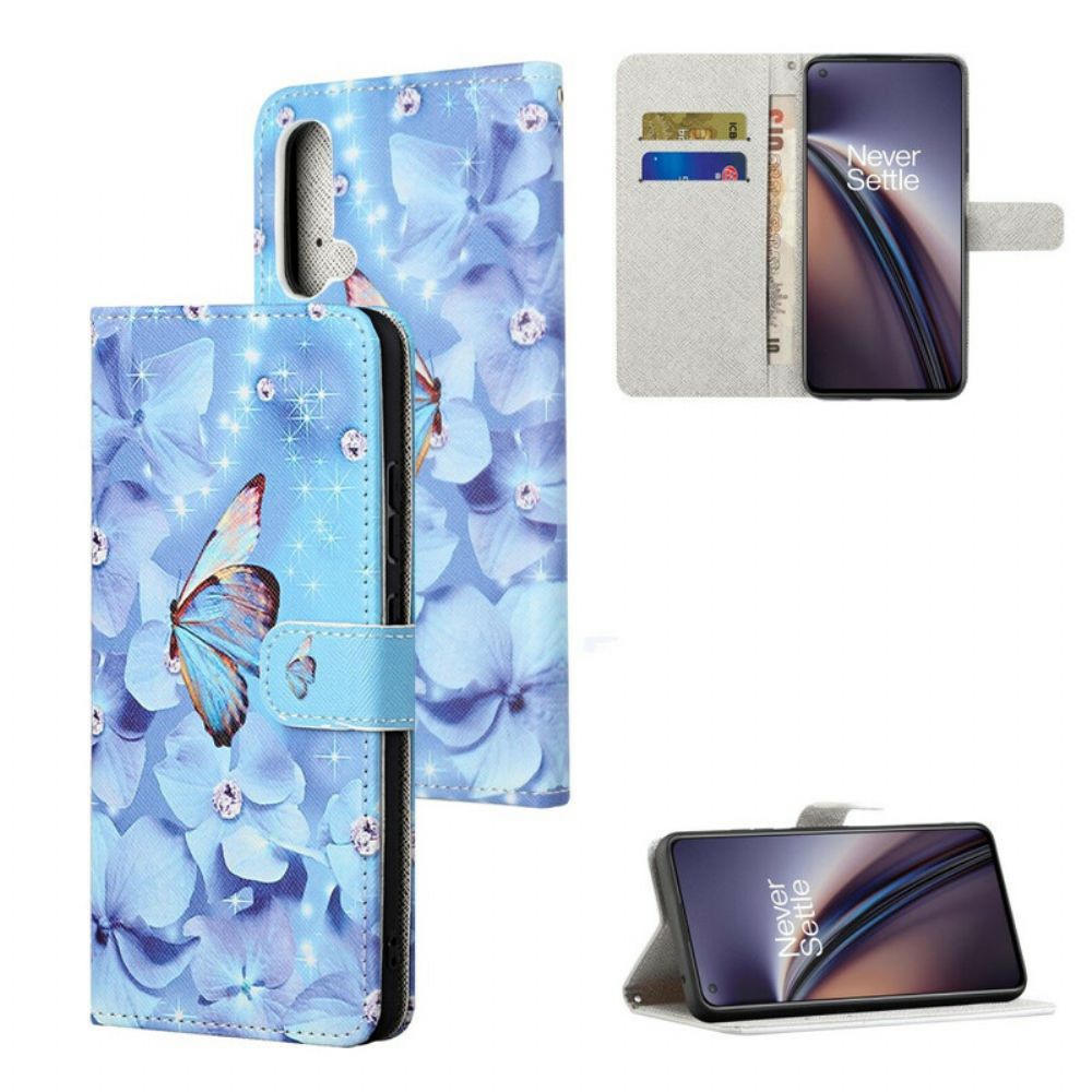 Folio-hoesje voor OnePlus Nord CE 5G Met Ketting Vlinders Met Diamanten Band