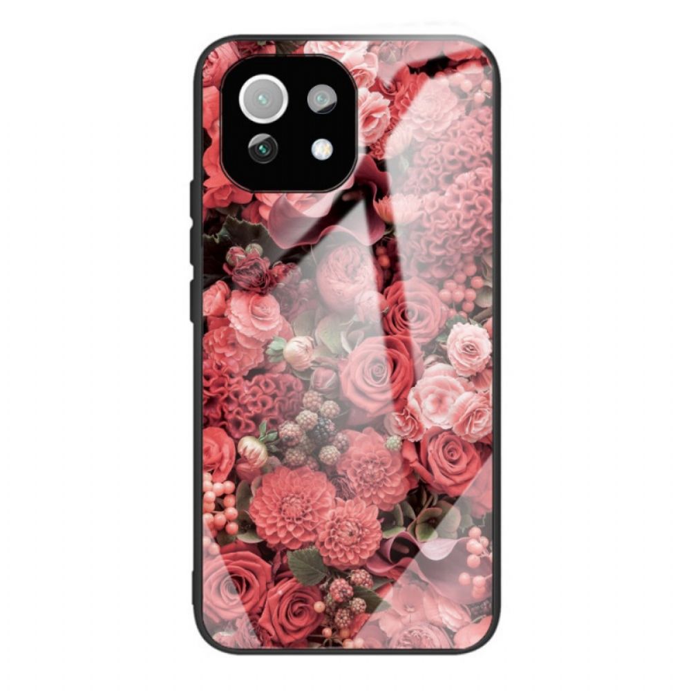Hoesje voor Xiaomi Mi 11 Lite 5G NE / Mi 11 Lite 4G / 5G Gehard Glas Roze Bloemen