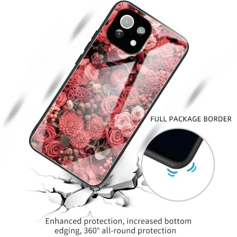 Hoesje voor Xiaomi Mi 11 Lite 5G NE / Mi 11 Lite 4G / 5G Gehard Glas Roze Bloemen