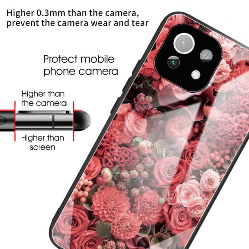 Hoesje voor Xiaomi Mi 11 Lite 5G NE / Mi 11 Lite 4G / 5G Gehard Glas Roze Bloemen