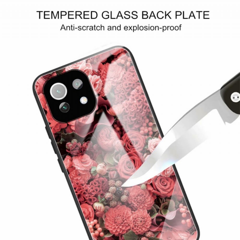Hoesje voor Xiaomi Mi 11 Lite 5G NE / Mi 11 Lite 4G / 5G Gehard Glas Roze Bloemen