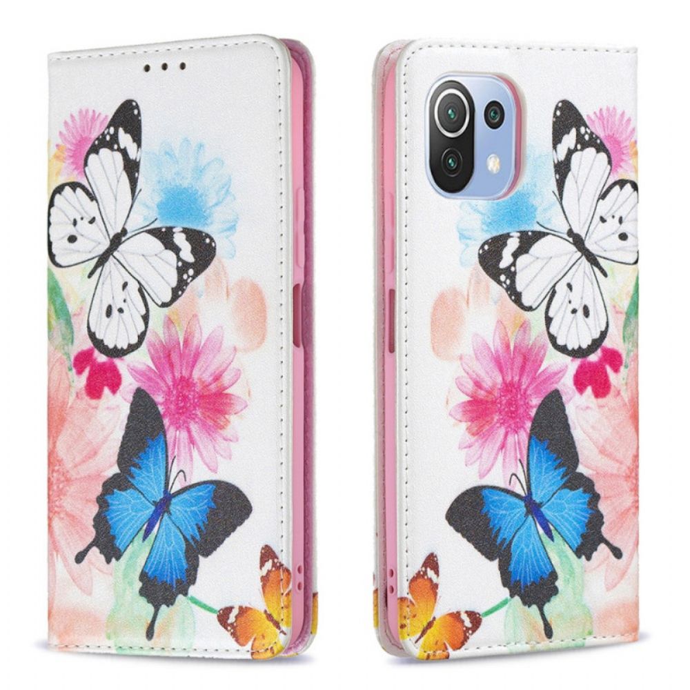 Leren Hoesje voor Xiaomi Mi 11 Lite 5G NE / Mi 11 Lite 4G / 5G Geschilderde Vlinders En Bloemen