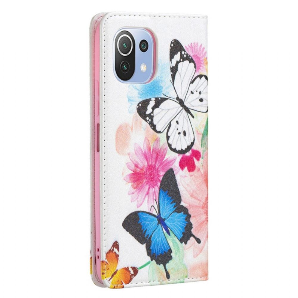 Leren Hoesje voor Xiaomi Mi 11 Lite 5G NE / Mi 11 Lite 4G / 5G Geschilderde Vlinders En Bloemen